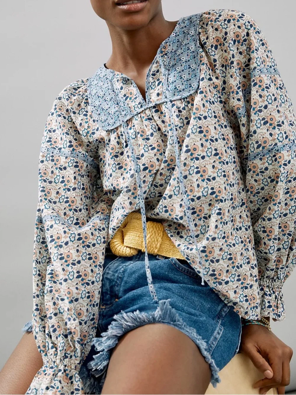 Othilia Laura Peasant Blouse Anthropologie Floral Blue Print Puff Sleeve NWOT S